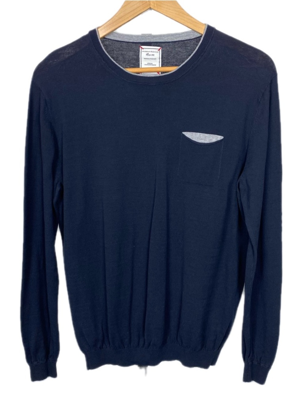 Massimo Rebeochi Navy Knit Sweater Crewneck Pocket Italy Style Contrast Trim